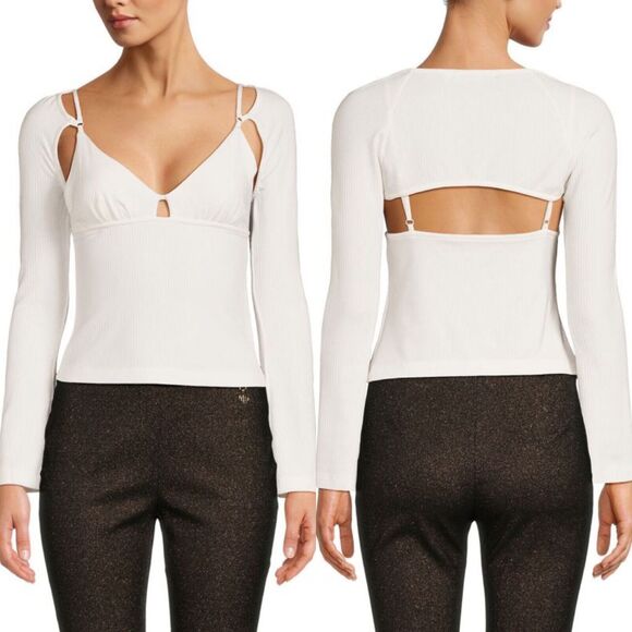 Jonathan Simkhai Dakota Ribbed Cutout Long Sleeves Top White Women's XL NWT - Picture 1 of 8